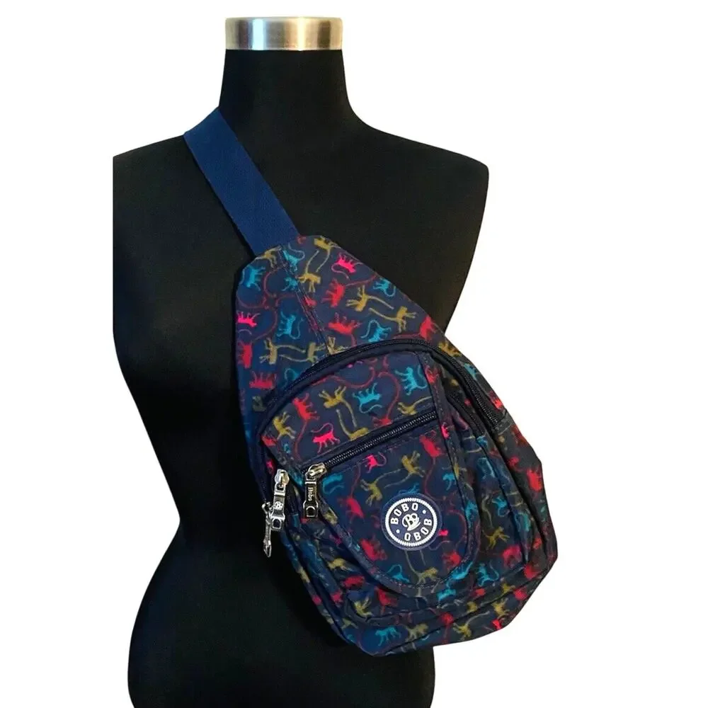 Bobo Obob Monkey Print Sling Backpack Crossbody Bag 4 Pocket Blue Colorful